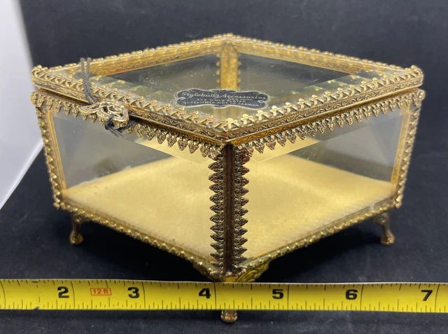 Vintage Stylebuilt Accessories 24K Gold Plated Beveled Glass Jewelry Box 1950's