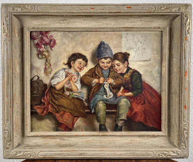 Antique Luigi Colli Italian Children Oil Painting Young Girl Boy 19th Century