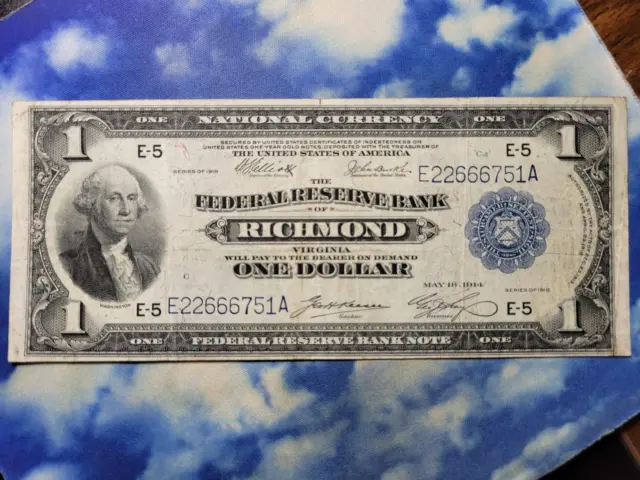 1914 $1 One Dollar Bill Federal Reserve Note Large Note Richmond Virginia Crispy