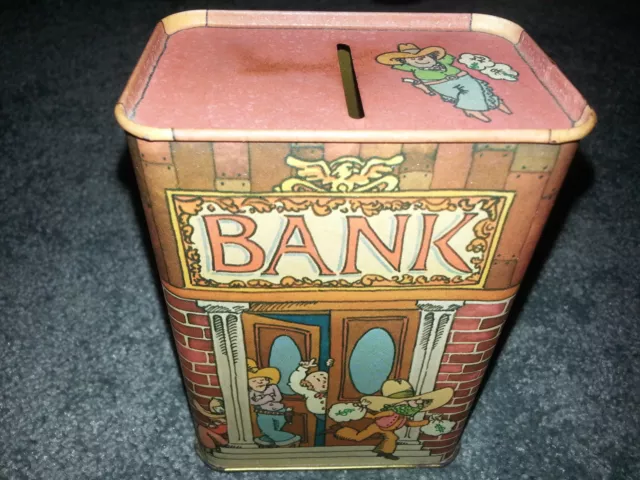 Vintage Hallmark Coleccionable Monedas Banco Estaño Lata Hucha Vaquero Robbery