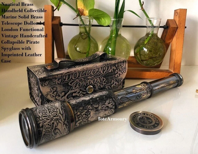 Trépied Télescope Marine De Collection - Style Marin En Laiton, Verre Et Bois - Reproduction