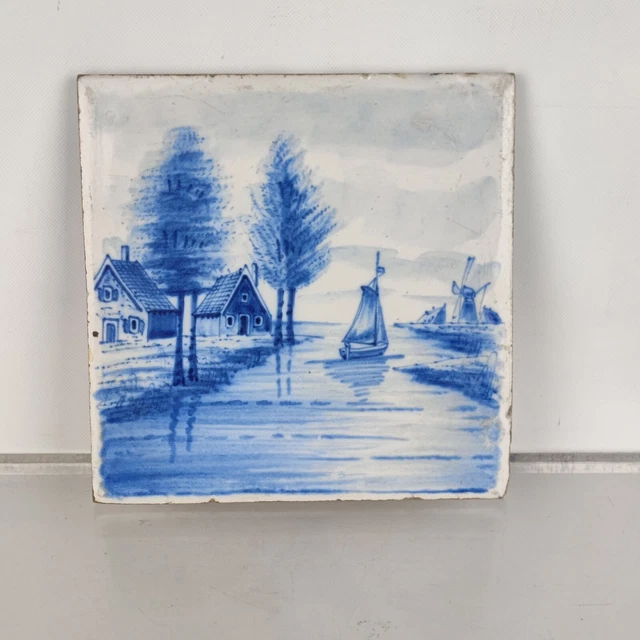 Antique 18c Dutch Delft Pottery Tile Blue & White B&W river windmill scene c1790