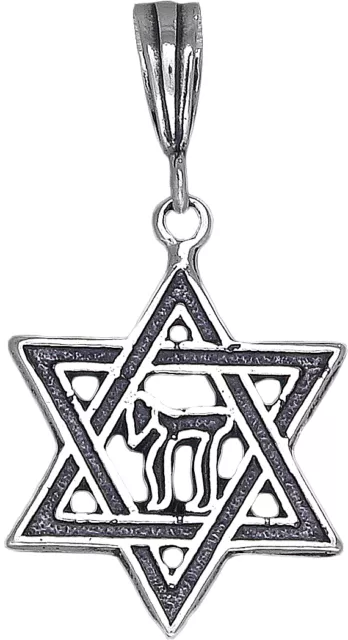 Sterling Silver Jewish Charm Star of David with Chai Pendant Necklace Oxidized