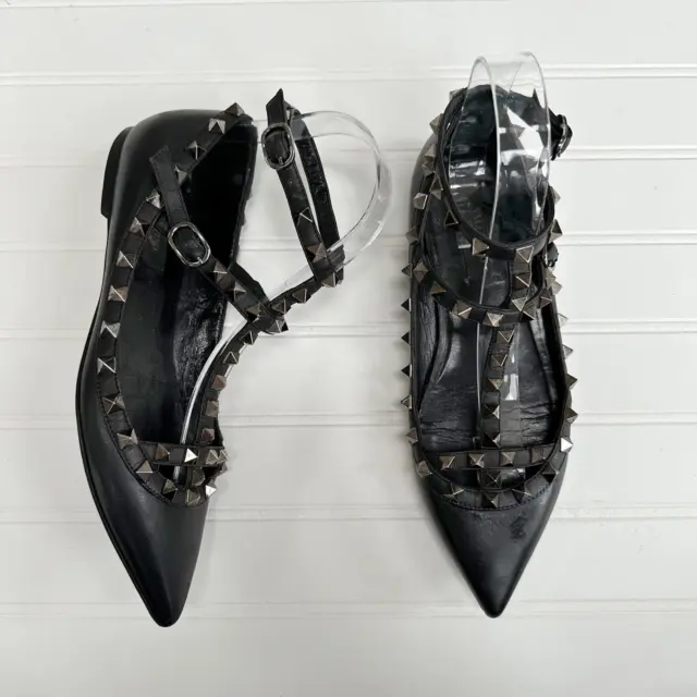 Valentino Garavani Rockstud Strappy Flats Ankle Strap Black Leather Studded