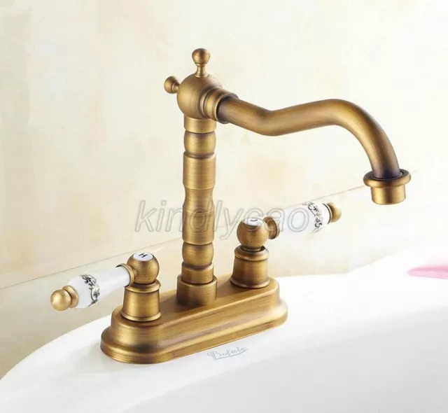 Antique Brass Bathroom Dual Handle Basin Mixer Tap Swivel Spout Sink Faucet