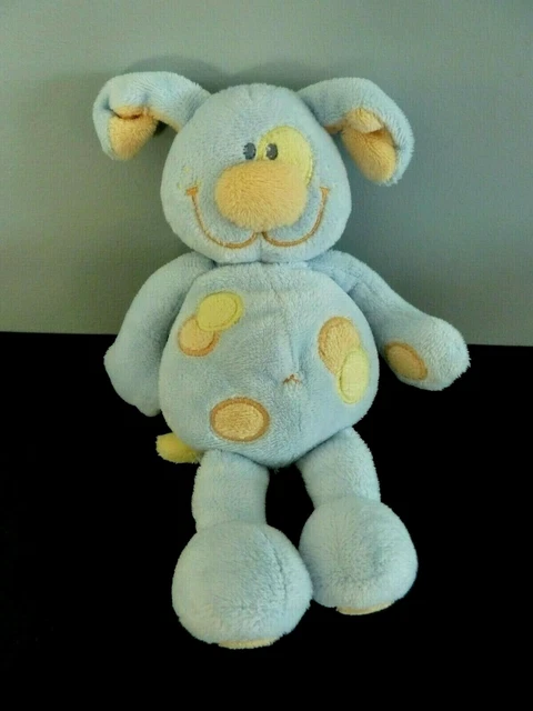 *. DOUDOU PELUCHE CHIEN KIABI NATTOU BLEU ROND JAUNE ORANGE GRELOT 20cm - NEUF *