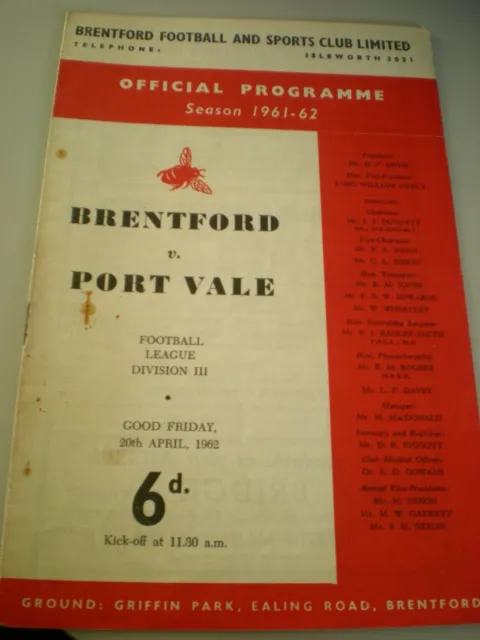 BRENTFORD v PORT VALE, 20th APRIL 1962, RUSTY STAPLE, SCORE ON TEAM PAGE.