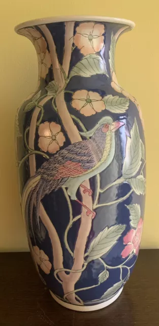 Vintage 18”Inch High Macau Hand Painted Vase , Mainly Blue multi colour