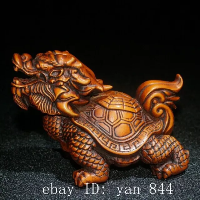 Chinese Collection Hand Carved Boxwood Wood Dragon Turtle Statue