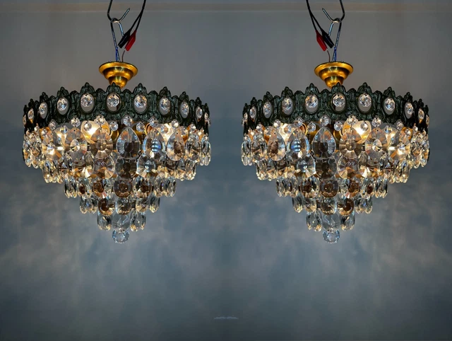 Pair Of Antique /Vintage Brass & Crystal Chandelier, Ceiling Lamp Lighting Fxtre