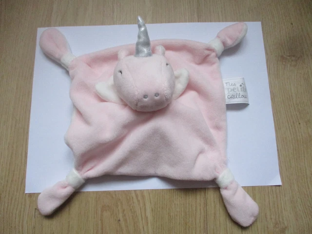 Doudou plat carré licorne mes petits cailloux rose blanc