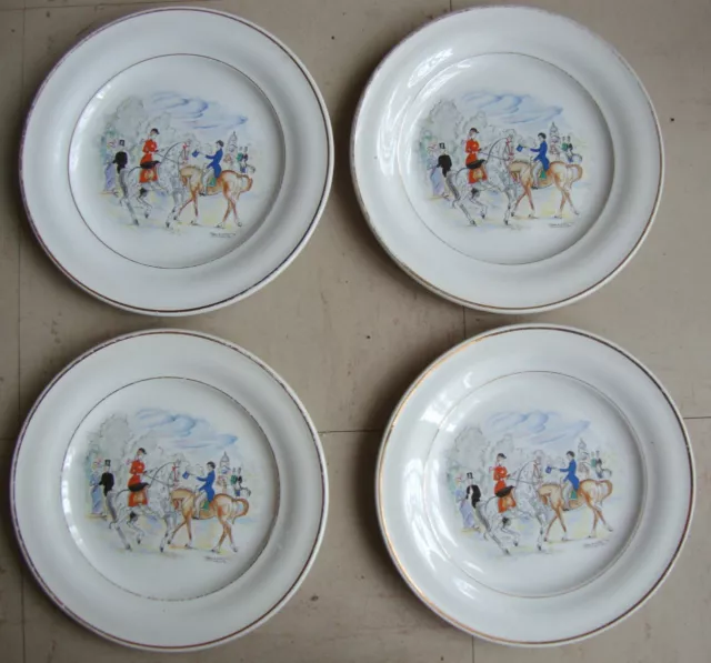 4 Assiettes à dessert faïence St Amand Ceranord Modèle Longchamp avec Chevaux