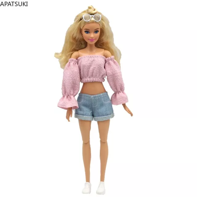 Rosa Mode Prinzessin Ärmel Top Denim Shorts Kleidung Set für Barbie-Puppe Outfit