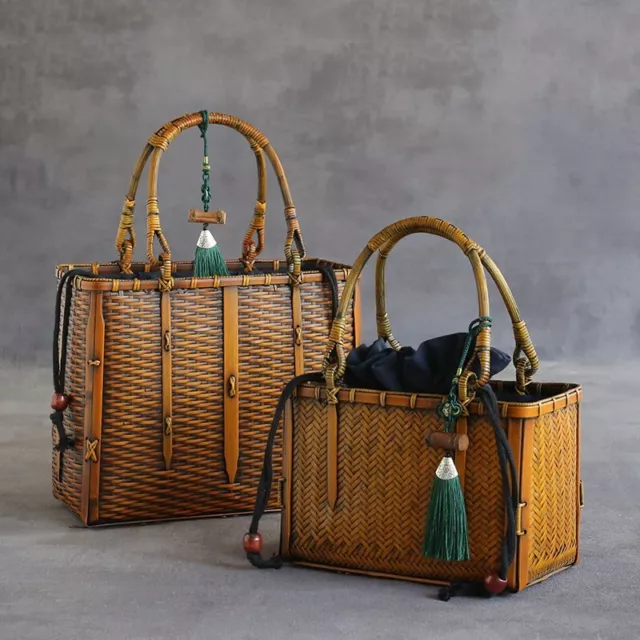 Wicker Woven Basket Bags Rattan Women Handbags Beach Straw Tote Shoulder Purse