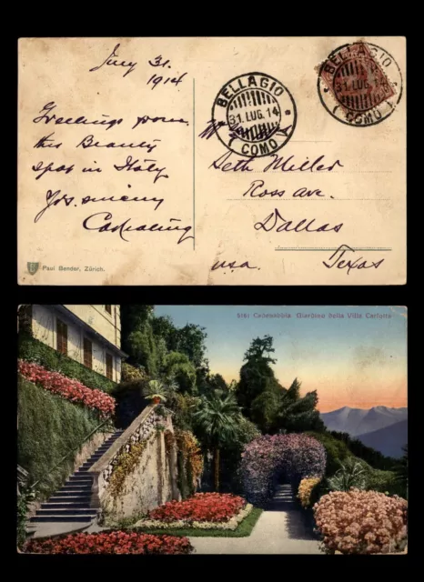 MayfairStamps Italy 1914 Bellagio to Dallas TX Villa Gardens Carlotta Post Card