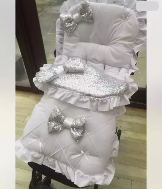 Romany Pram Pushchair - Frilly Bling White Cosytoes Foot Muff + Hood Frill/Trim