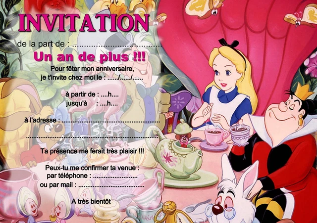 5 OU 12 cartes invitation anniversaire alice aux pays des merveilles