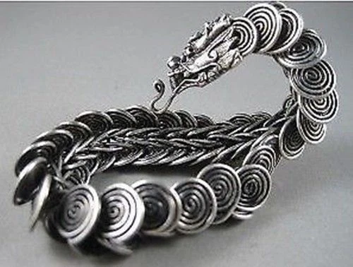 Chinese Tibet silver carved dragon Head Men bracelet a307