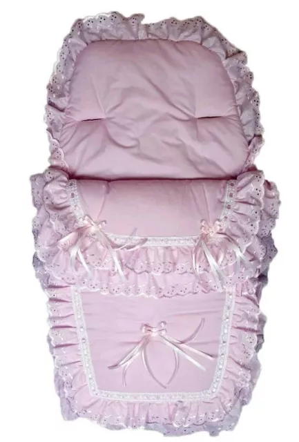 LSM's Frilly Broderie Anglaise Footmuff/Cosy Toes in Chic Pink: Essential Access