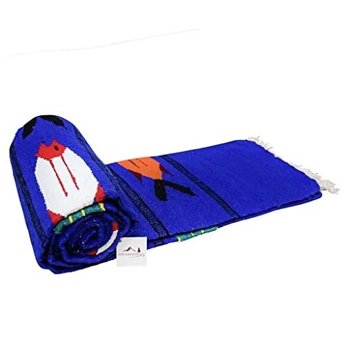 Open Road Goods Thick Blue Mexican Yoga Blanket - Serape Fish Design - Handmade