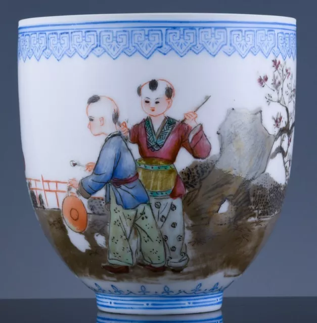 Chinese Famille Rose Eggshell Porcelain Boys With Firecrackers Wine Cup Tea Bowl