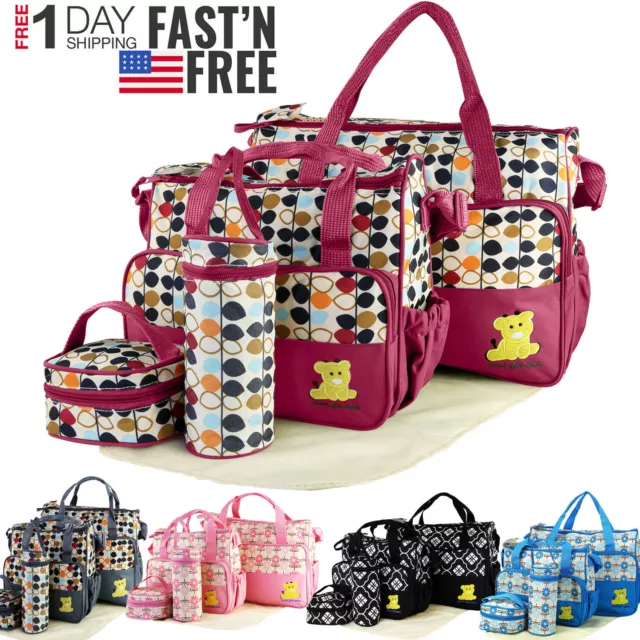 5Pcs Mommy Handbag Baby Changing Diaper Nappy Bag Bottle Mat Set Travel Tote Bag