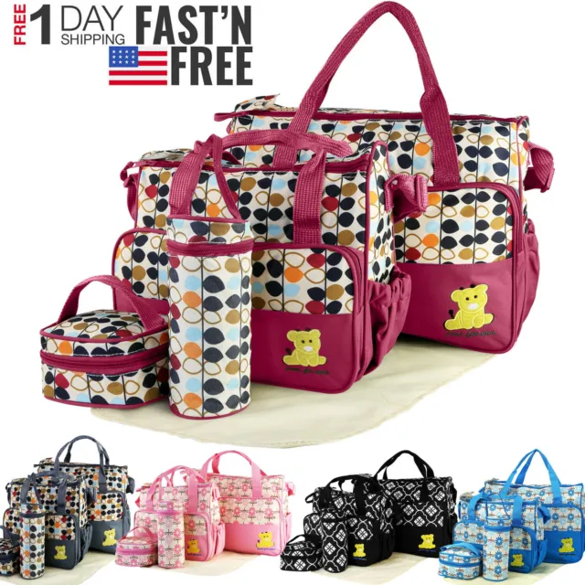 5pcs Mommy Handbag Baby Changing Diaper Nappy Bag Bottle Mat Set Travel Tote Bag