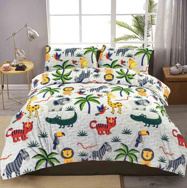 Kids Jungle Animal Printed PolyCotton Boys & Girls Duvet Quilt Cover Bedding Set