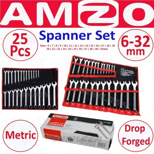 25PC DROP FORGED METRIC 6-32mm COMBINATION SPANNER WRENCH SET OPEN & RING + ROLL