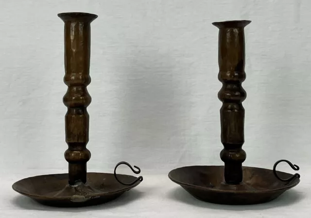 Pair Antique Arts & Crafts Mission Roycroft Era Hammered Copper Candle Holders