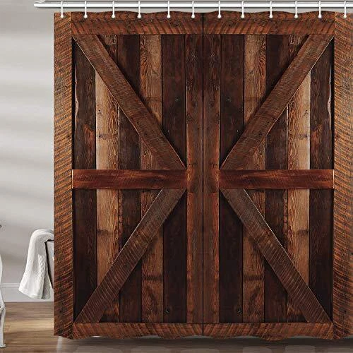 Rustic Barn Door Shower Curtains for Bathroom Cool Farmhouse Wooden Closet Fa...