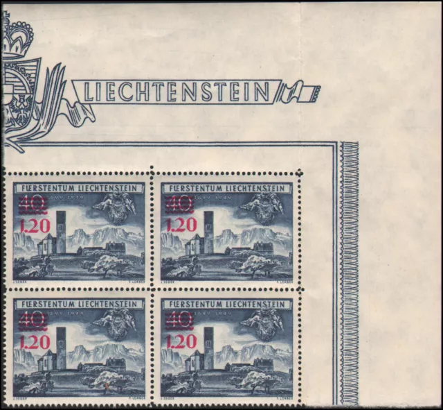 Liechtenstein #265 MNH Corner block of 4 stamps, margin folded