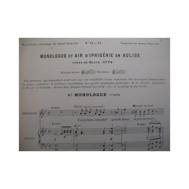 GLUCK C. W. Iphigénie en Tauride Monologue Chant Piano XIXe