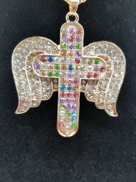 Betsey Johnson Crystal Rhinestone Inlay Angel Winged Cross Pendant Necklace