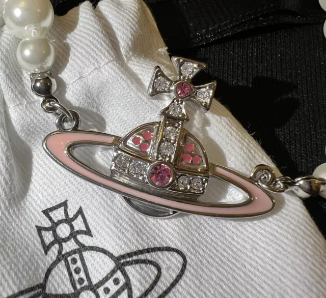 VIVIENNE WESTWOOD PINK Silver Heart Star Saturn Pearl Necklace Chocker ...