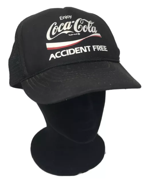 Vintage Coca Cola Coke Snap Back Mesh Trucker Hat Accident Free Black USA