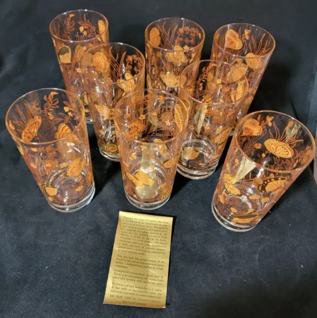 Lot of 8 NEW Cera Glass Mid Century Glasses Butterflies Flower 22k Gold Highball