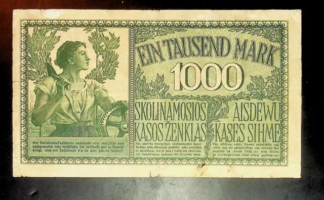 1918 Germany  Eastern Territories  Lithuania 1000 Mark Banknote