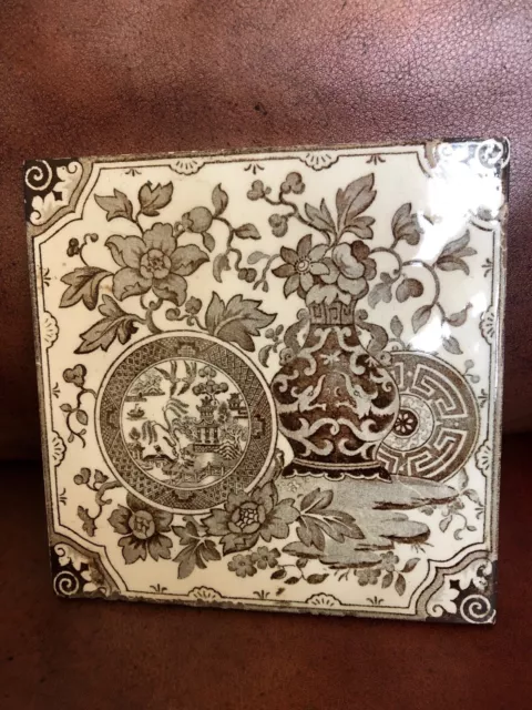 ANTIQUE AESTHETIC JAPANESQUE TRANSFERWARE 6 X 6 TILE- MINTON TILE WORKS 1800s