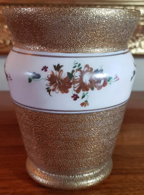 Antique Milk glass & gold hand painted floral vase C1900 - Bohemian interest