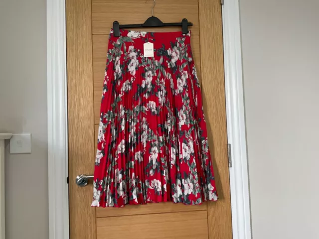 NEW Oasis Red Floral Print Midi Pleated Skirt Size 10 - Fully Lined