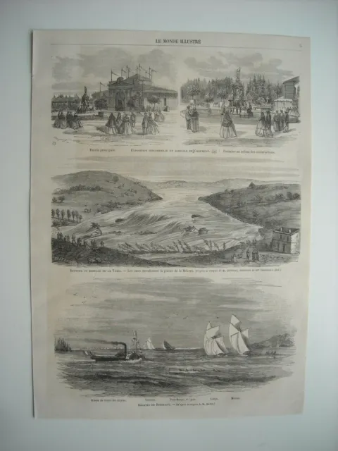 Gravure 1865. Expo Agricole Chaumont. Regates Bordeaux. Rupture Du Barrage Tabia