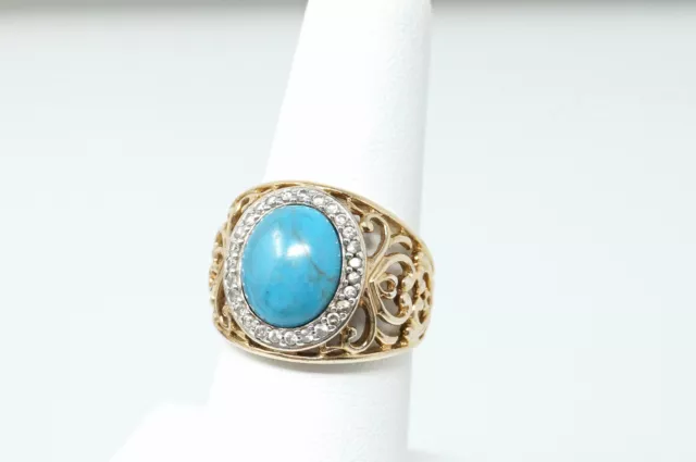 Vintage Large Turquoise Gold Vermeil Heart Swirl CZ Sterling Silver Ring Sz 7.5