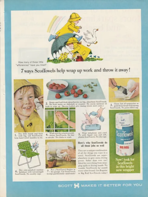 1964 Scott Towels Vintage Print Ad 60s Ducks Freckle Faced Boy Yellow Rain Coat