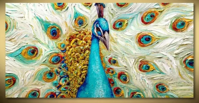 100%Hand-painted Abstract Peacock Oil Painting On Canvas 24X48inch (NO framed)