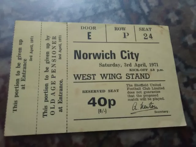 Unused Sheffield United v Norwich City 1970-71 ticket