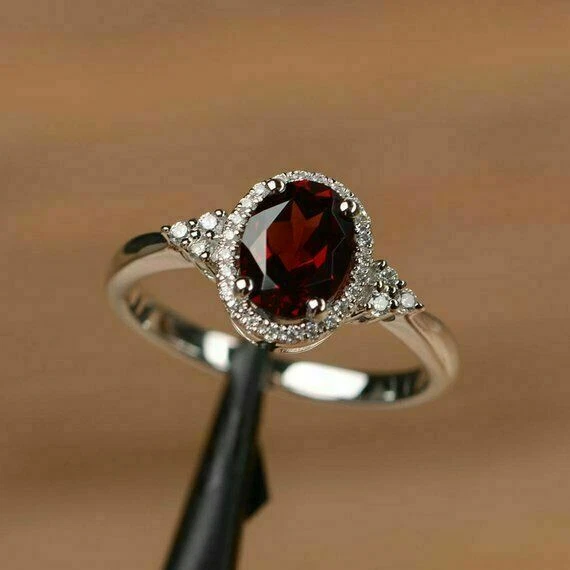 2Ct Oval Cut Red Garnet Diamond Halo Engagement Ring 14K White Gold Finish