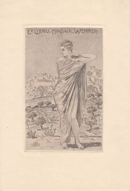 Exlibris Bookplate Gravure À L'Eau-forte Max Klinger 1857-1920 Antique Paysages