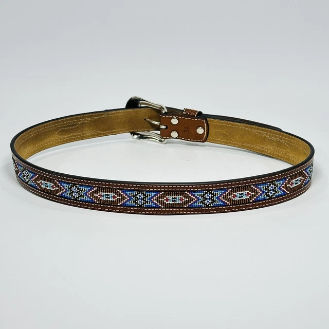 Nocona Western Mens Belt Leather Beaded Inlay Weave Tooled Brown Size 36 3