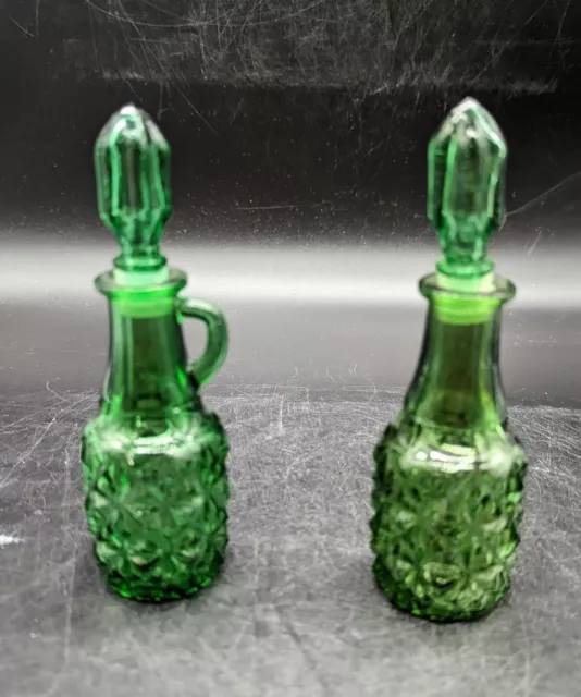 Vintage Green Cut Glass Oil and Vinegar Cruet Bottle Set W/ Stoppers 5.25"